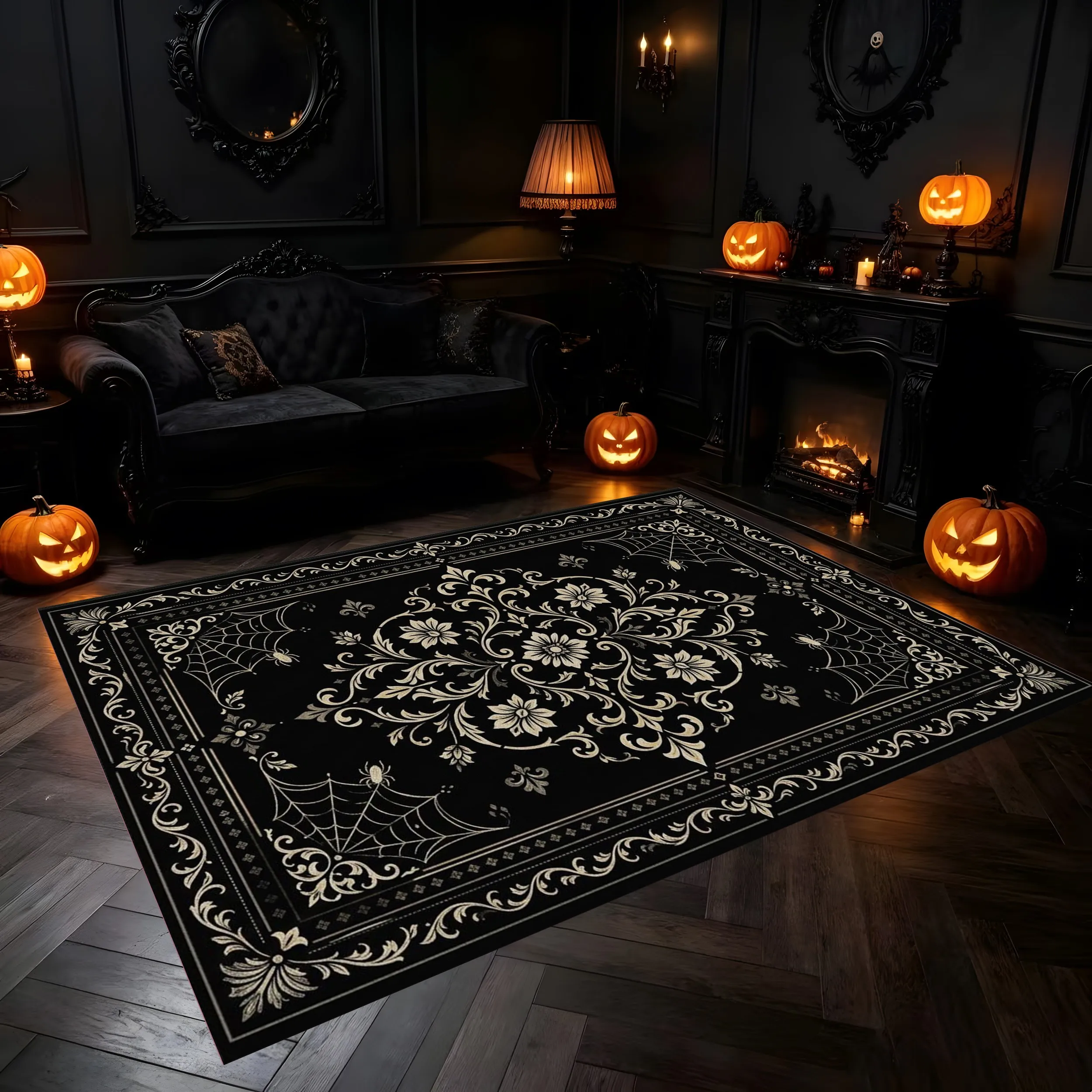 Large Area Rug Retro European Floral Spiderweb Print Dark Retro Style Soft Velvet Living Room Bedroom Home Decor Area Rug