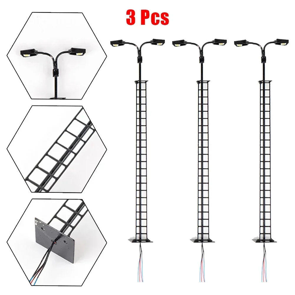 3Pcs Dwugłowicowa Lampa Ciepłe Białe Światło Podwórkowe Model Kolejowy LED Światło Modelowe HO Skala Ogrodowa Dekoracyjna Mikro Dekoracja Krajobrazu