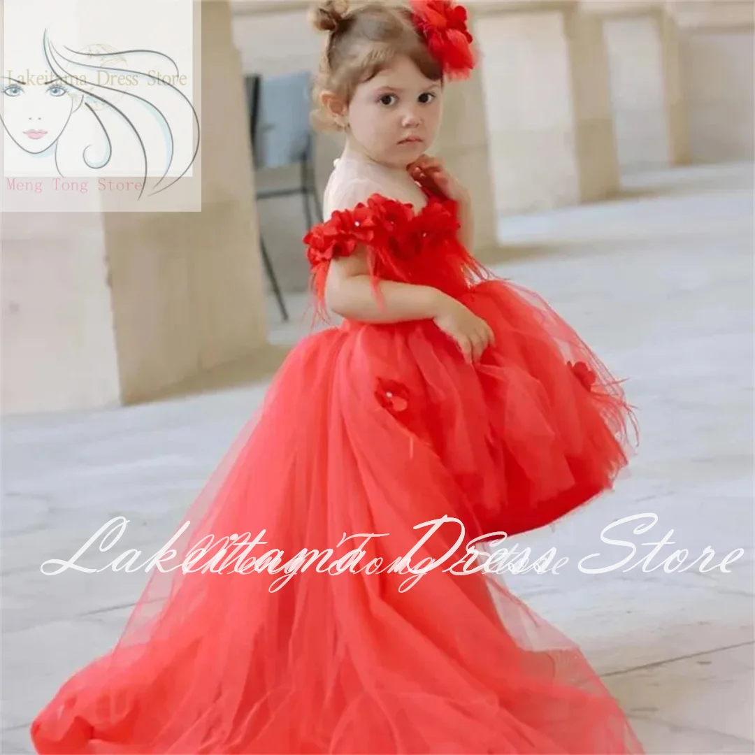 Puffy Red Flower Girl Dress Floral Tulle Applique Feather Ball Gown Wedding Kids Birthday Event Party Pageant Dresses