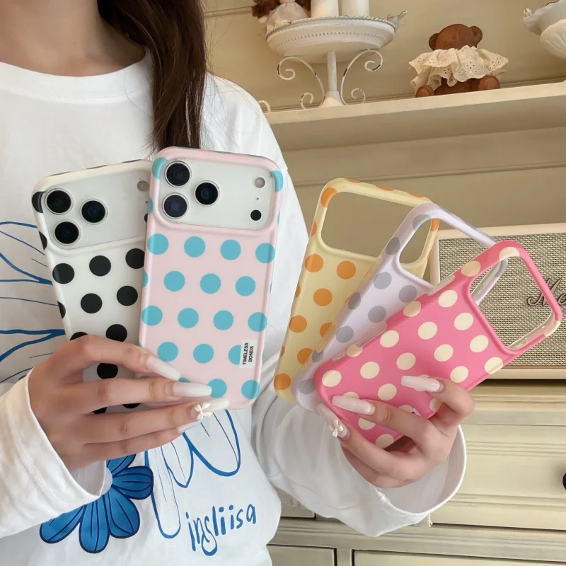 

Korean Cute cartoon Black White Blue Pink yellow Polka Dots Phone case For iPhone 14 15 16 17 Pro Max fashion Wave point Cover﻿