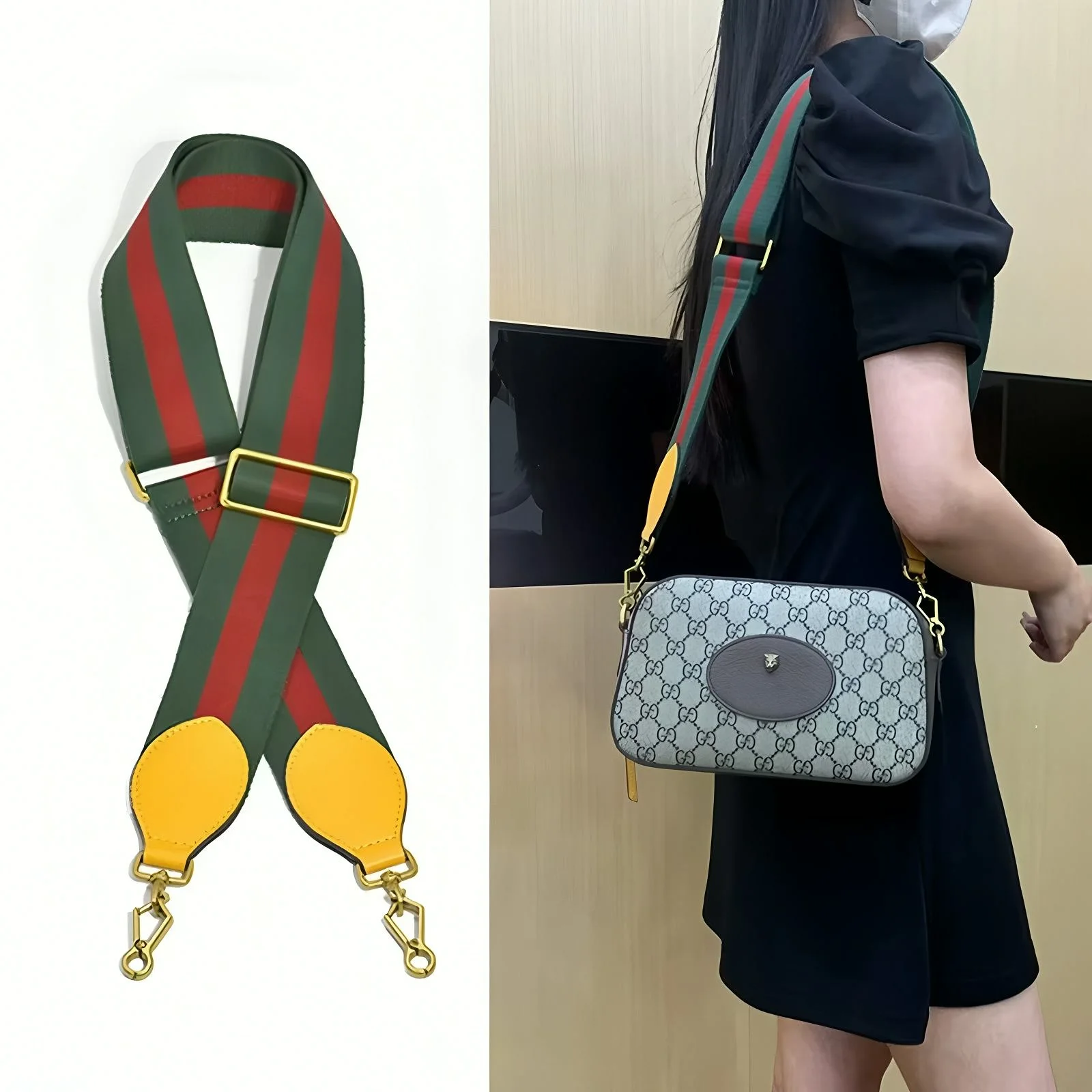 Green Red Stripe Wide Webbing Bag Strap Adjustable Replacement Crossbody Shoulder Strap Handbag Purse DIY Accessories With Leather Tab