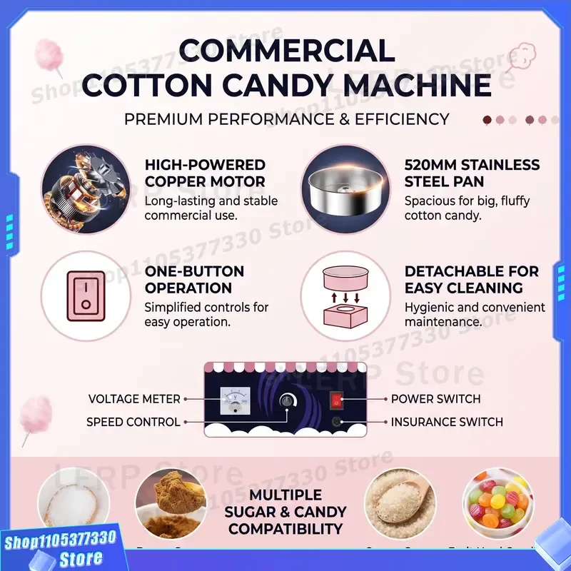 Electric Cotton Candy Machine Commercial Snack Equipment for Carnival Shopping Mall Kids Party Automatic Sugar Floss Maker