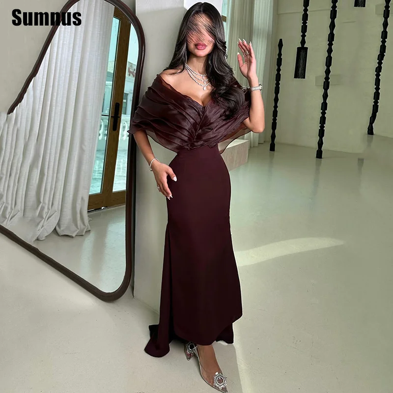 

Sumnus Simple Mermaid Evening Dresses Burgundy Off Shoulder Pleats Bodycon Gala Formal Dresses فساتين سهرة Customized