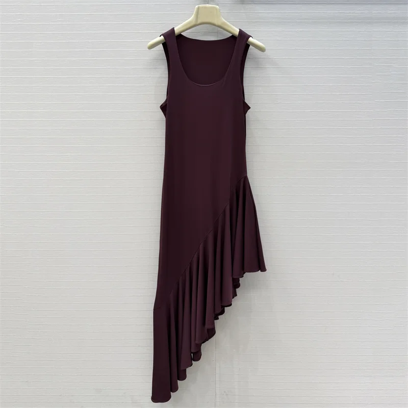 Women's dress New asymmetrical pleated slim fit long dress for summer 2026 Round neck sleeveless casual dress y2k party dress
