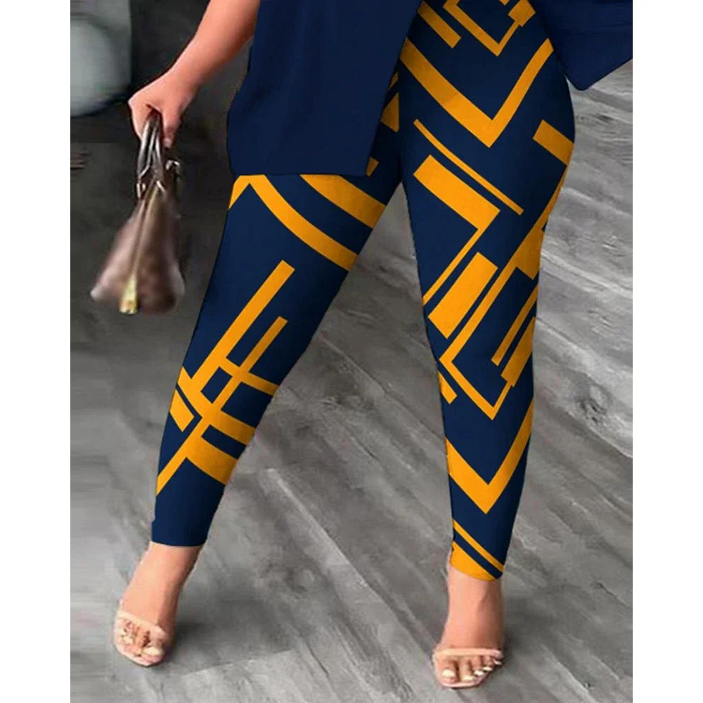 Women Fashion Geometric Print Short Sleeve 2 Pieces Set Femme Casual Sporty Suits Summer One-Shoulder Hem Split Top & Pants Sets