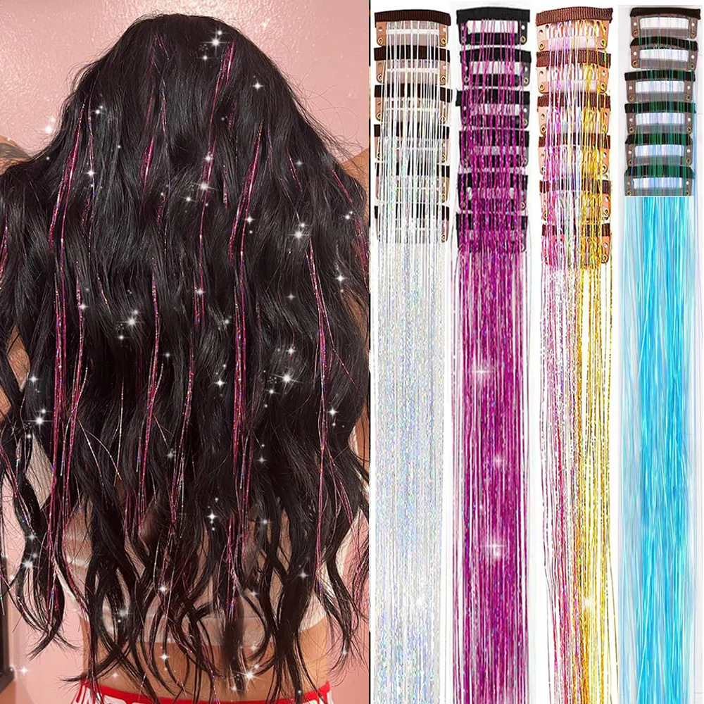 

20 Inch Glitter Tinsel Hair Extensions with Clips In, 6Pcs/Set Synthetic Clip in Sparkle Fairy Hair Accessories for Women