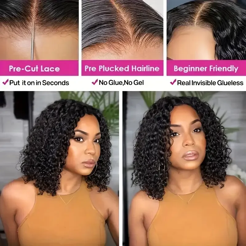 4x4 Put On And Go Glueless Bob Wigs Human Hair Curly For Women Pre Plucked Pre Cut Lace Ready To Wear Kinky Curly Lace Front Wig image 5