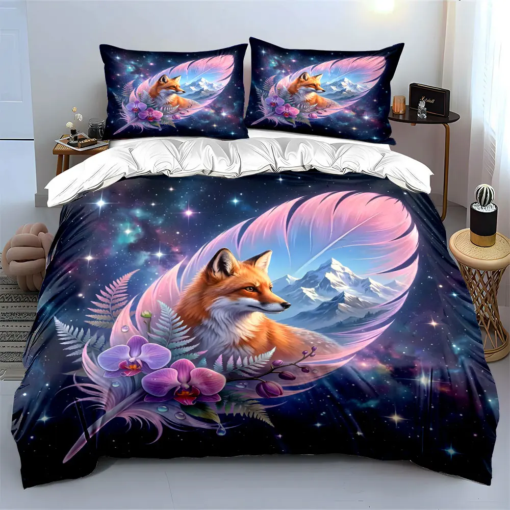 Fox Feather Purple Flowers Mountain Galaxy Print Bedding Set 1 Duvet Cover 2 Pillowcases for Adult and Children Luxury Gift