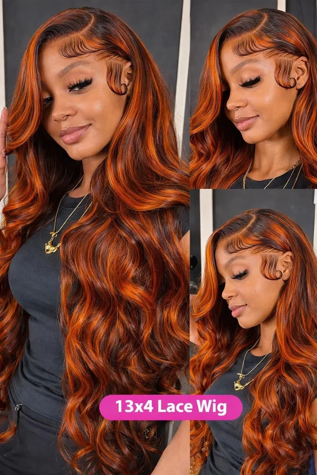 38 InchP4/350 Ginger Orange Brown Colored Body Wave Human Hair Wig 13x6 13x4 HD Lace Frontal Wig 220% Density Brazilian Virgin Human Hair Water Wave For Black Women Daily Use