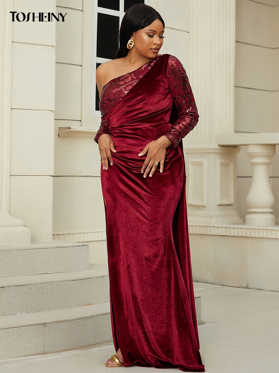 Tosheiny L-4XL New Plus Size Contrast Sequin Asymmetrical Neck Draped Velvet Dress Wine Red Elegant Evening Dress