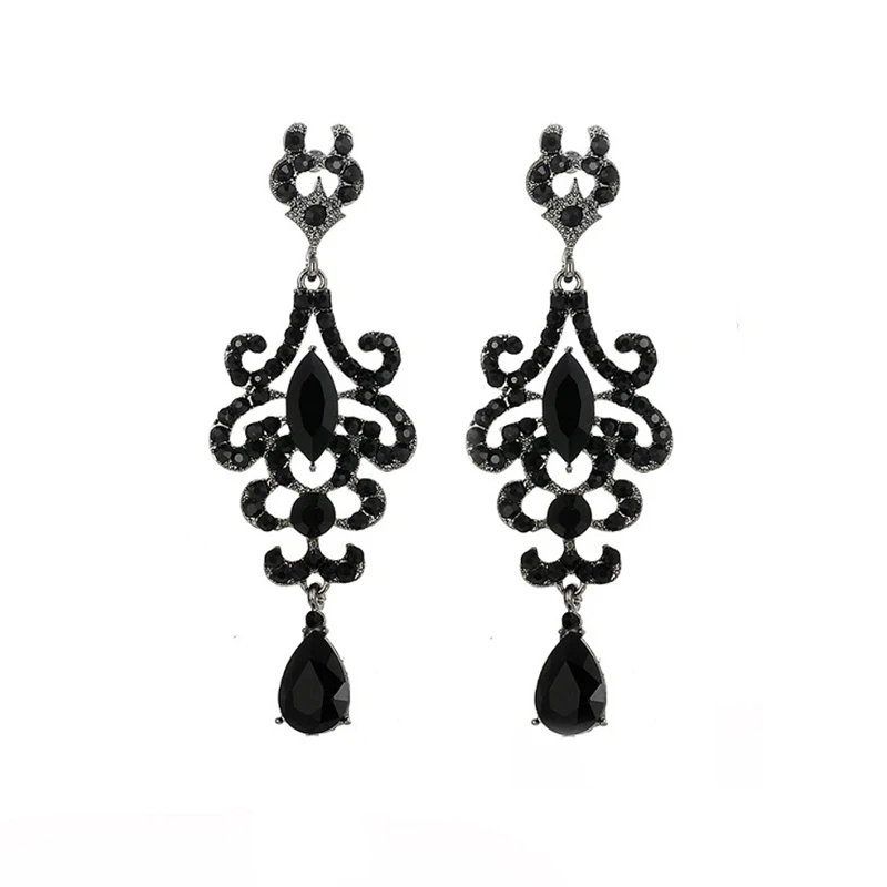 Vintage Jewelry Accessories Goth Classic Elegant Long Black Floral Gems Crystal Rhinestone Dangle Drop Earrings for Women