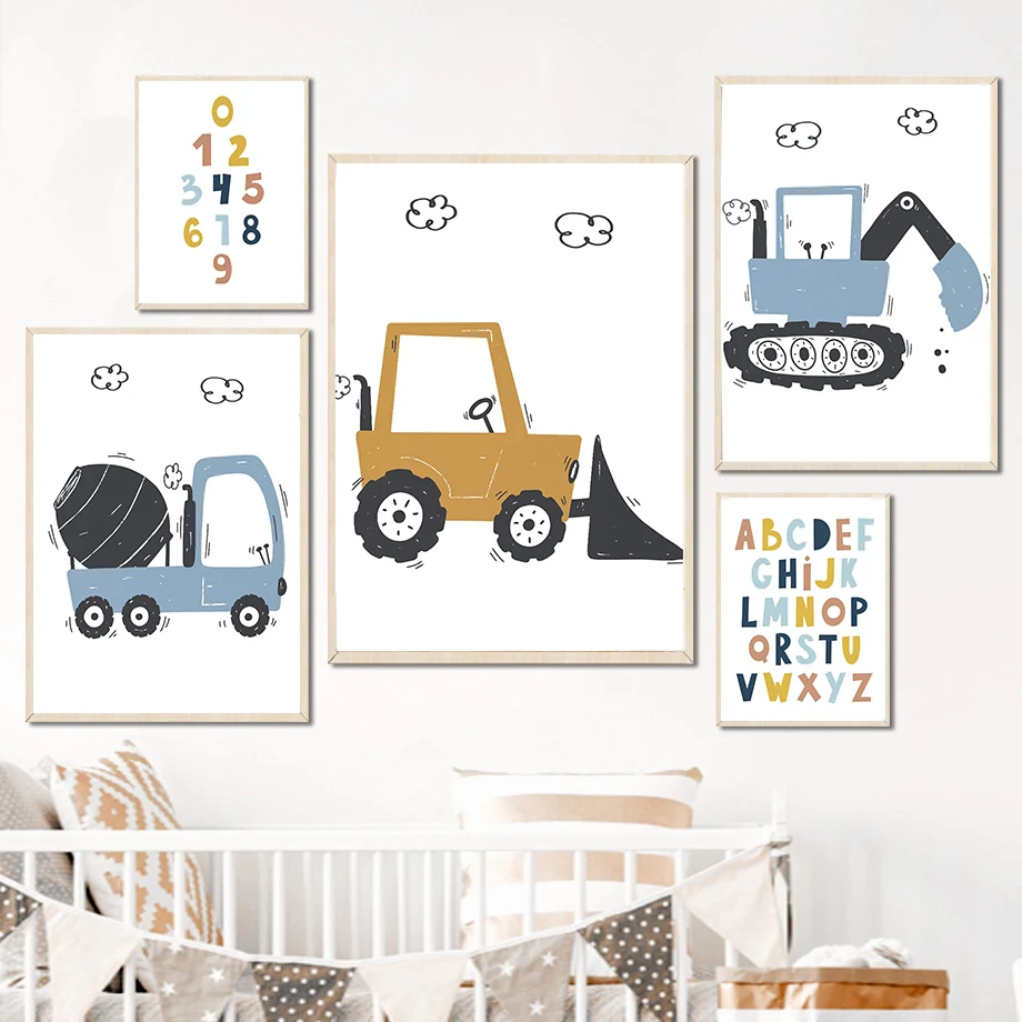 Wall ArtCanvasPainting forKids Room DecorCartoonExcavatorExcavator,BulldozerQuotes, Picture, Boy, Baby, Nordic Painting, Picture