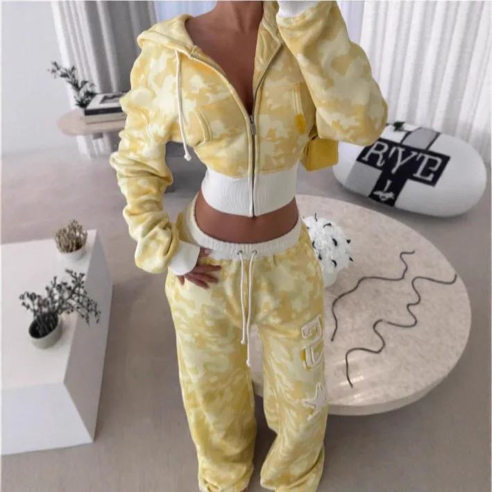 2026 Autumn New Y2K Fashion Pink Letter Pattern Zipper Sportswear Two Piece Set Casual Short Top Set Sportswear Loose Pants