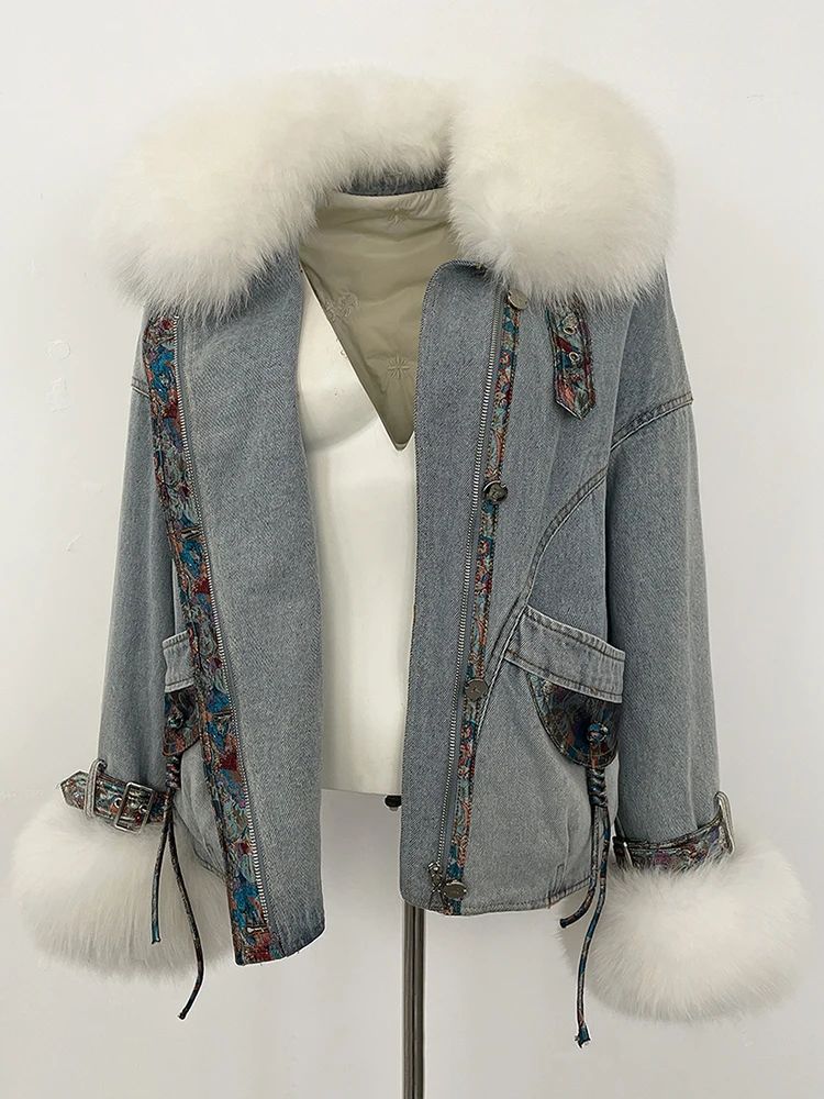 2025 nuovi vestiti autunno inverno femminile vera pelliccia di volpe piumino d'oca coperchio interno giacca di jeans donna spessa pelliccia calda piumino signora