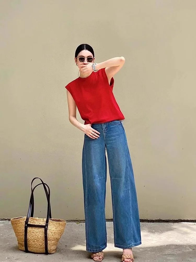 

Красный круглый жилет Ne Svel в стиле ретро, женский комплект джинсов с разрезом и широкими штанинами, хлопковый материал, подходит для детей 25–35 лет