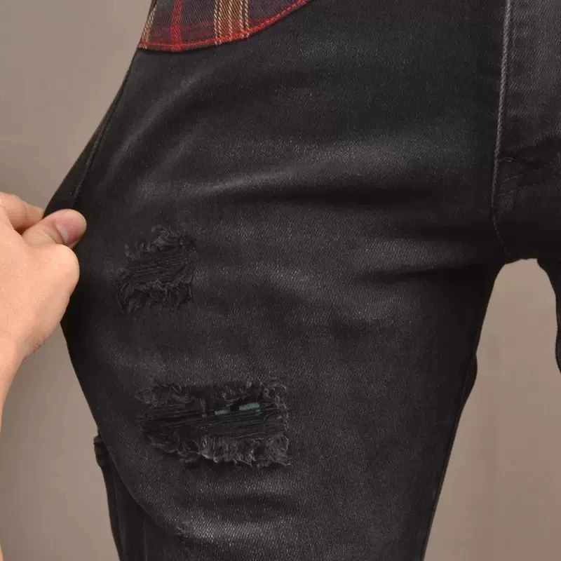 Street Fashion Men Jeans Retro Black Gray Stretch Slim Fit Hole Ripped Jeans Men Patched Designer Hip Hop Denim Pants Hombre