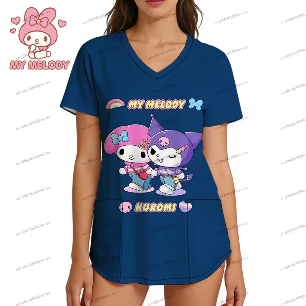 

Women's Nurse Uniform V Neck T Shirt Woman Clothes Sanrio My Melody Fashion 2026 New 3D Print Streetwear Pocket Leisure Kawaii
