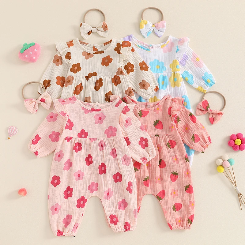 

2024-06-07 Lioraitiin Baby Girl Fall Romper Floral/Strawberry Print Ruffled Long Sleeve O-Neck Jumpsuit with Headband 2Pcs Set