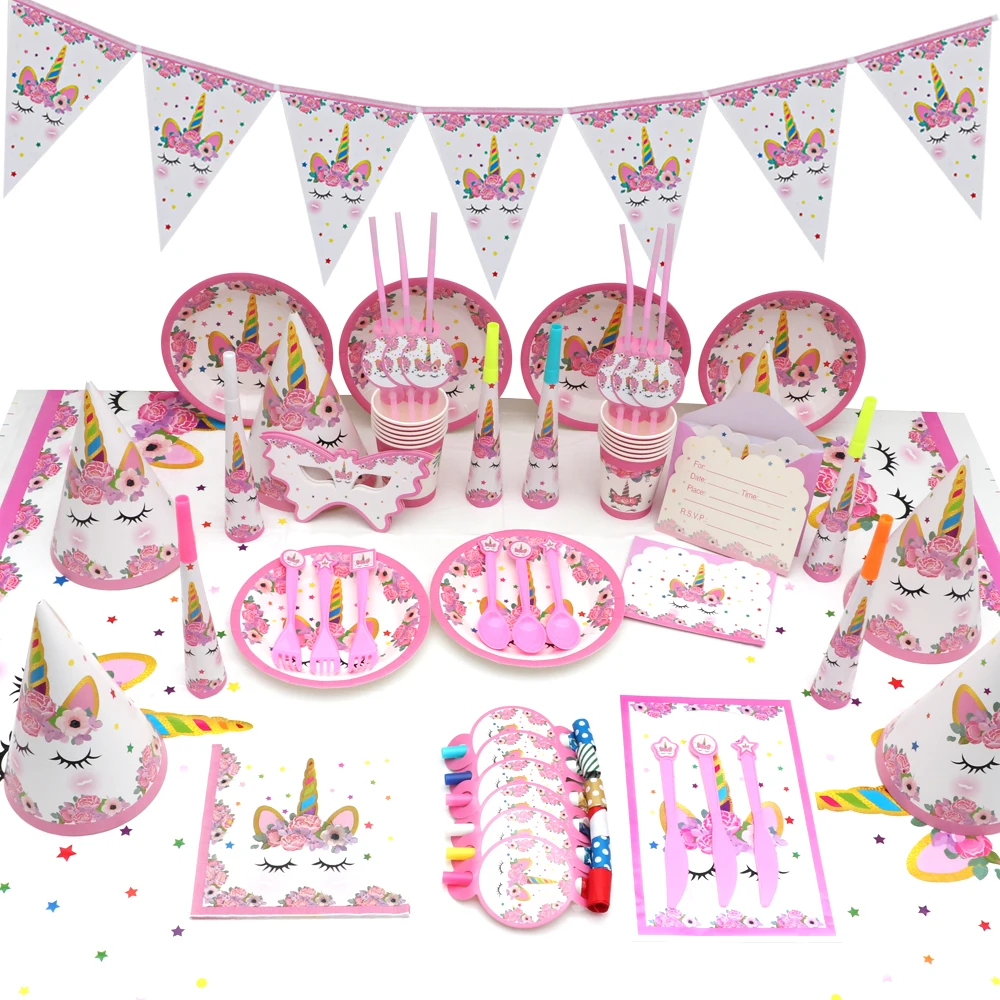 

Girls Rainbow Unicorn Princess Birthday Party Disposable Tableware Baby Shower Cake Decoration Cup Plate Napkin Flags Straws