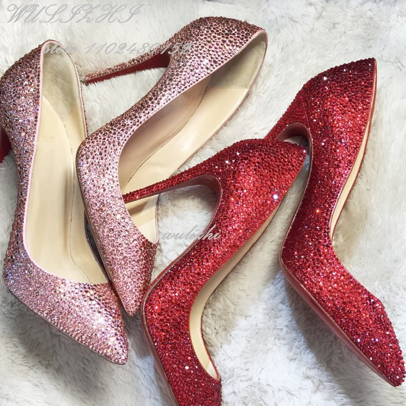 Décolleté rosso pieno di cristalli Donna Lusso Oro Tacchi con diamanti Sandali eleganti Scarpe da festa a punta con lato superficiale Scarpe vuote