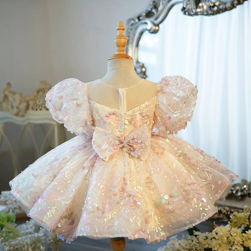 Toddler Girls Party Birthday Sequin Dresses for Pageant Short Evening Gowns Kids Princess Champagne Luxury Gala Dress Children