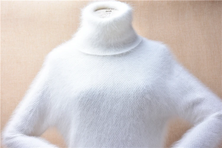 Female Women Fall Winter Cute White Hairy Angora Rabbit Hair Knitted Long Sleeves Turtleneck Crop Top Slim Blouse Sweater Jumper