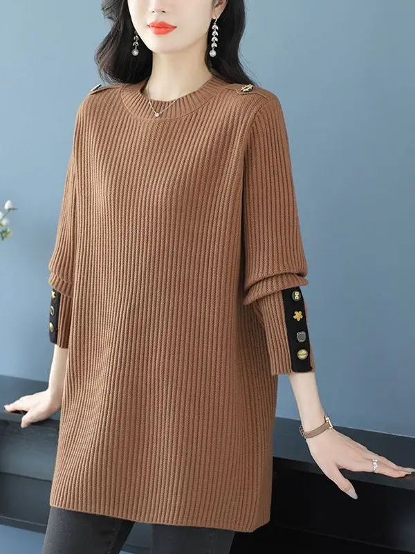 Versatile Midlife Mom Sweater Women's Fashion European Style Knitted Top Spring Autumn Seasonal High Waist Loose Fit Long Sleeve