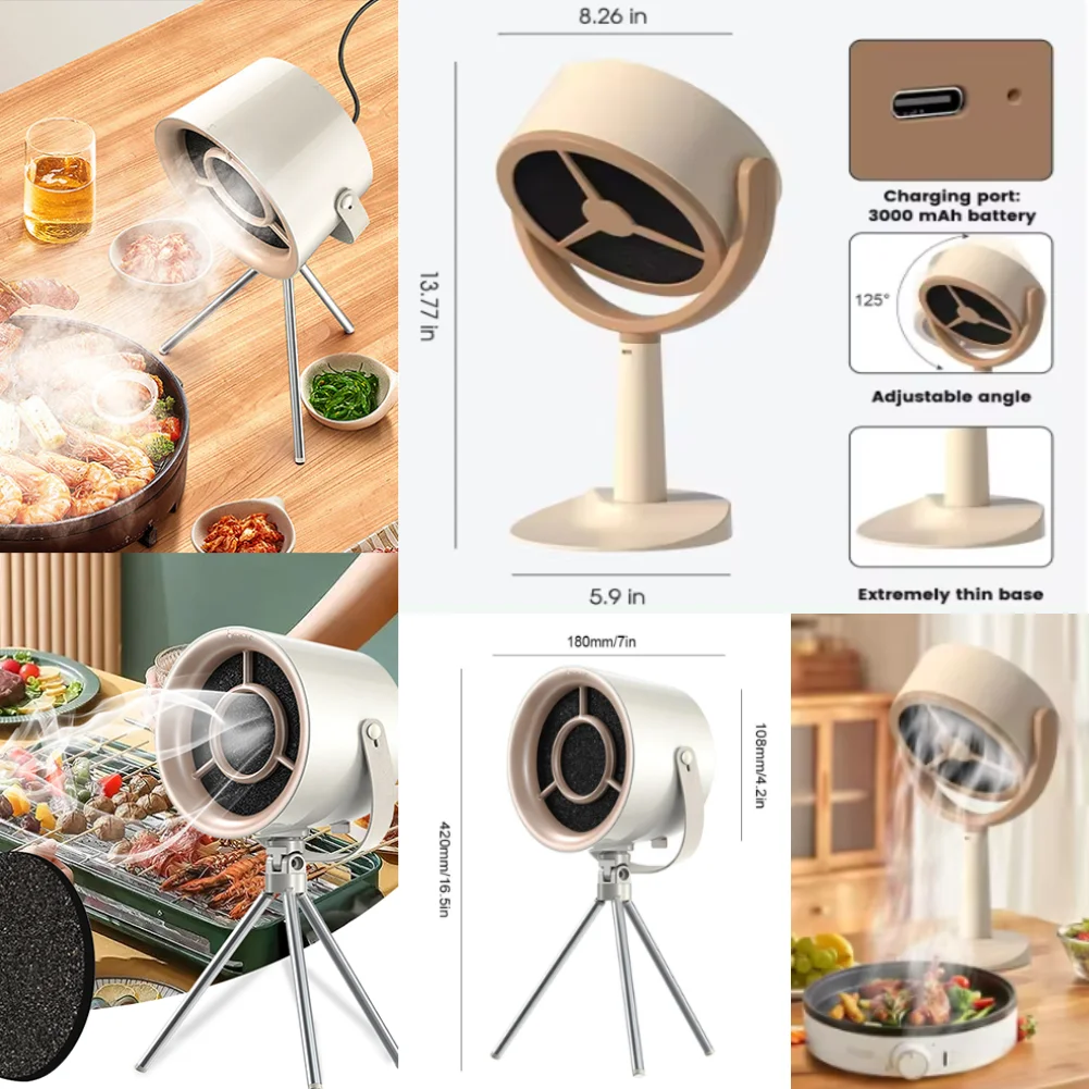 Mini Kitchen Portable Desktop Range Hood Large Suction Rechargeable Exhaust Fan Adjustable Angle USB Plug Indoor BBQ Hotpot Use