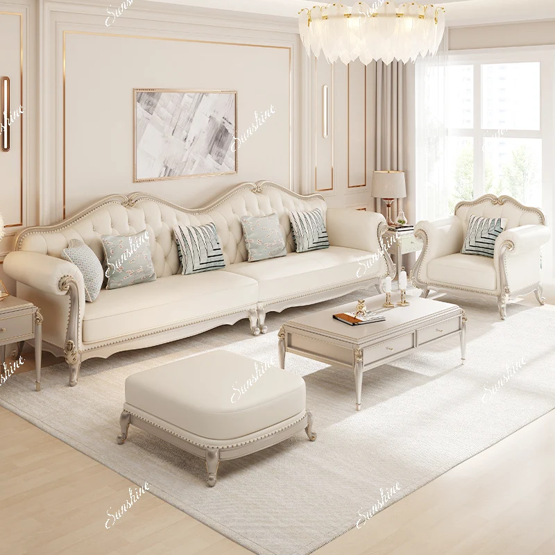 Light luxury leather sofa French small apartment living room solid wood sofa