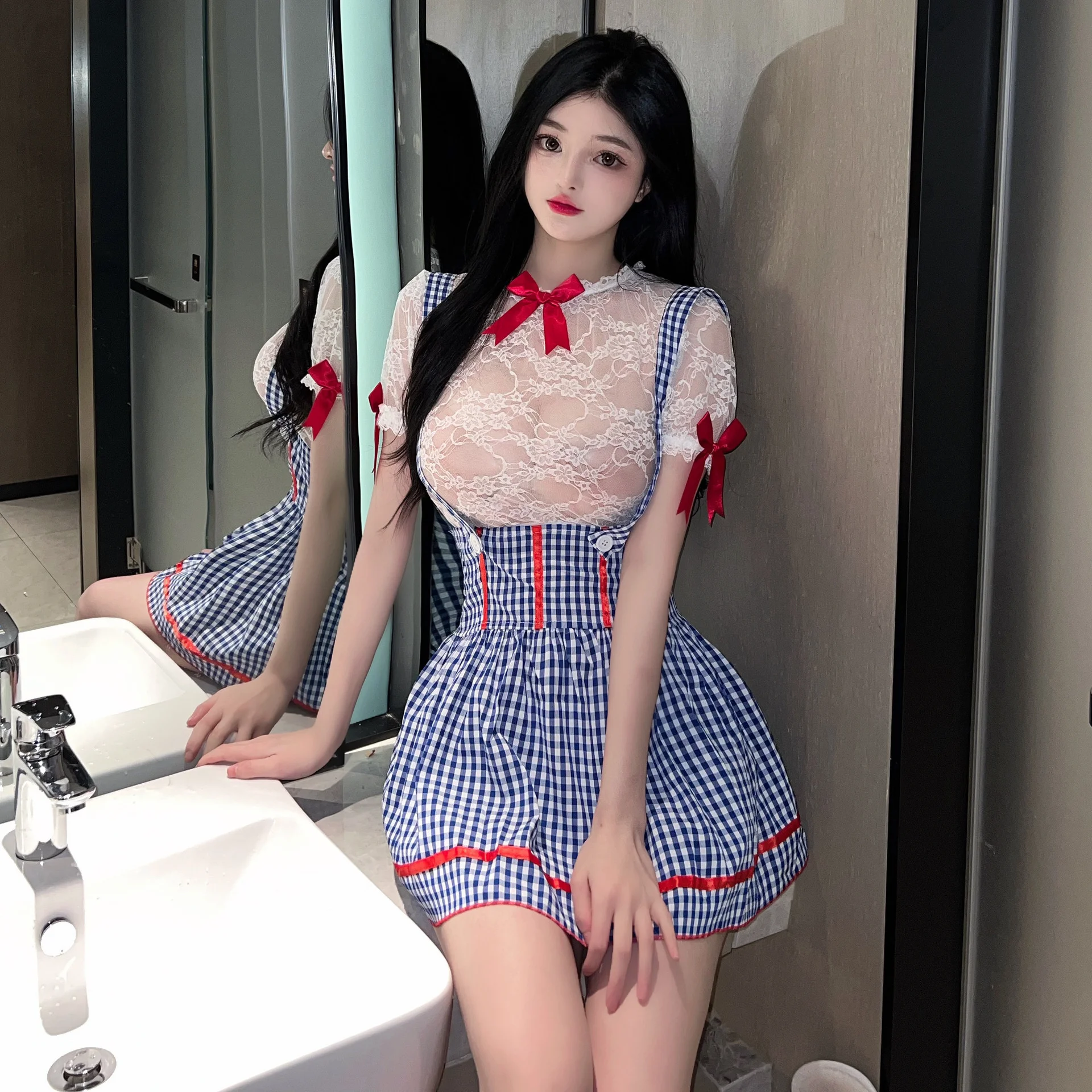 فستان نسائي جديد للصيف من maidserver فستان أزرق منقوش مثير جذاب لوليتا محبب للتزيين بووتي من الدانتيل فستان بمنظور KWQ2