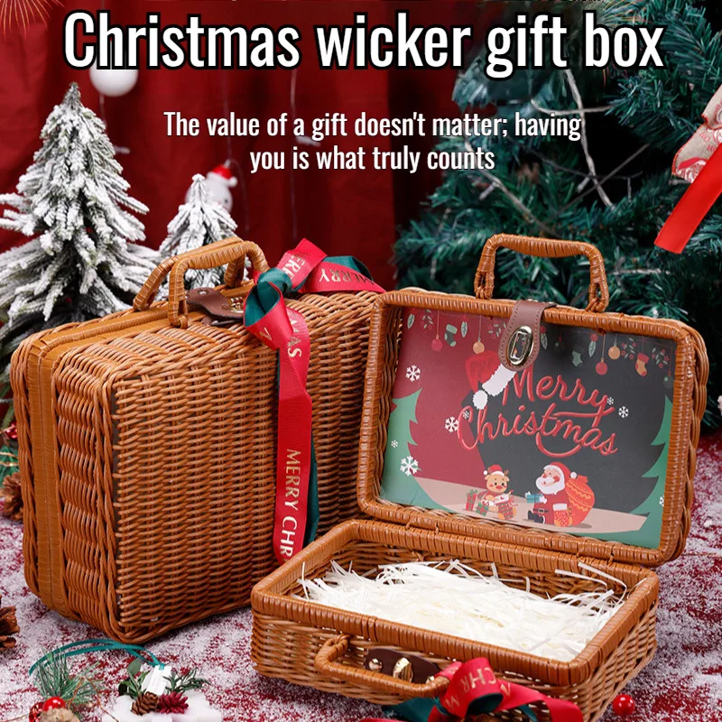 

Винтажная рождественская подарочная коробка с имитацией ротанга, домашняя коробка для хранения, декоративная корзина для реквизита, тканая для пикника, вечеринки, чемодана
