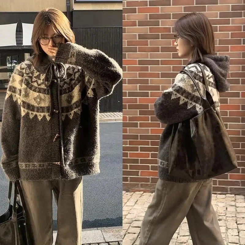 

Korean women's outerwear 2025 Spring Autumn Item Fair Lsland Antique Jacquard Loose Cow Horn Button Cardigan Sweater Thick Coat