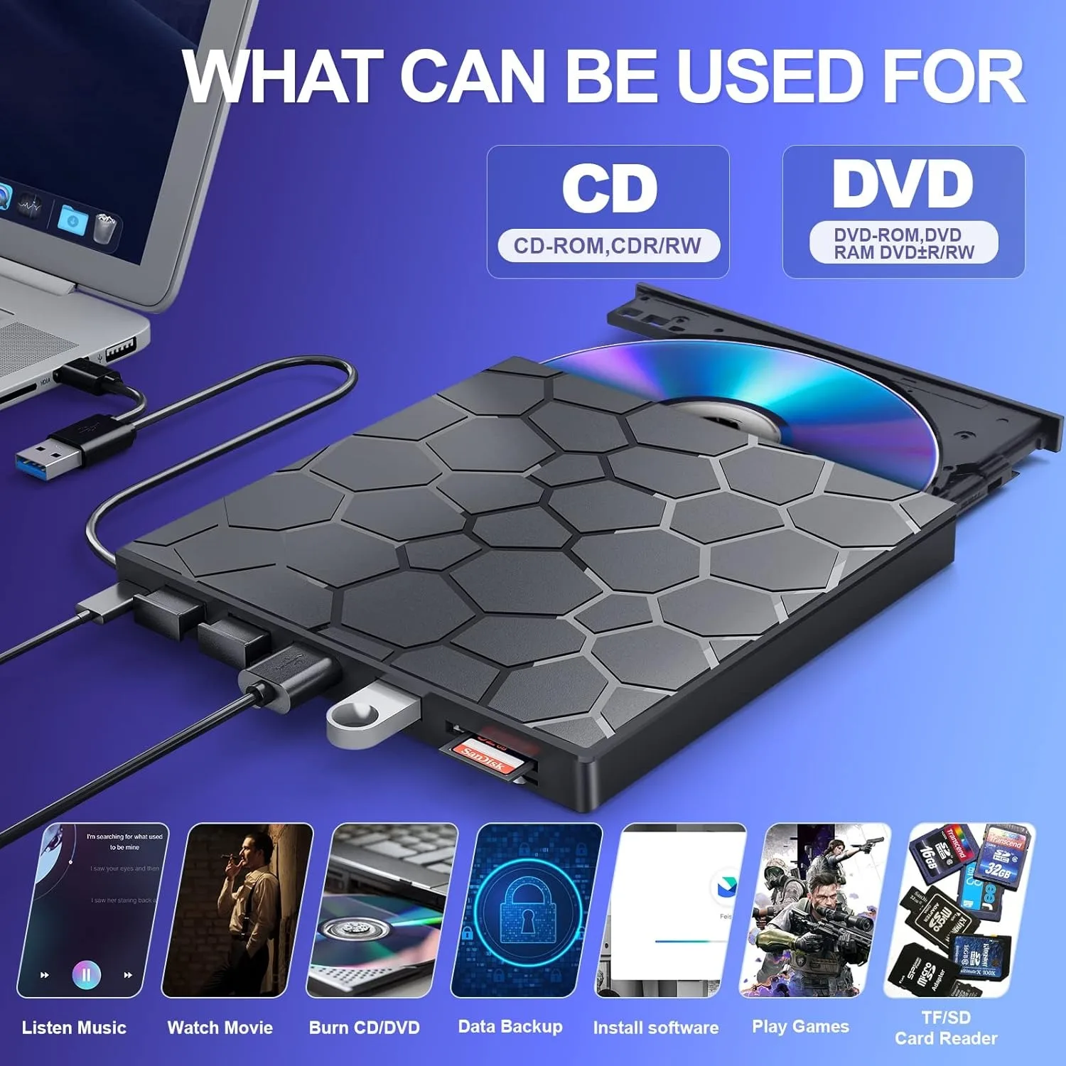 Unidad de DVD Externa USB 3.0, Grabadora de CD/DVD Portátil, Plug & Play para Laptop, Computadora de Escritorio, Windows, Mac, Linux – Grabación de Alta Velocidad