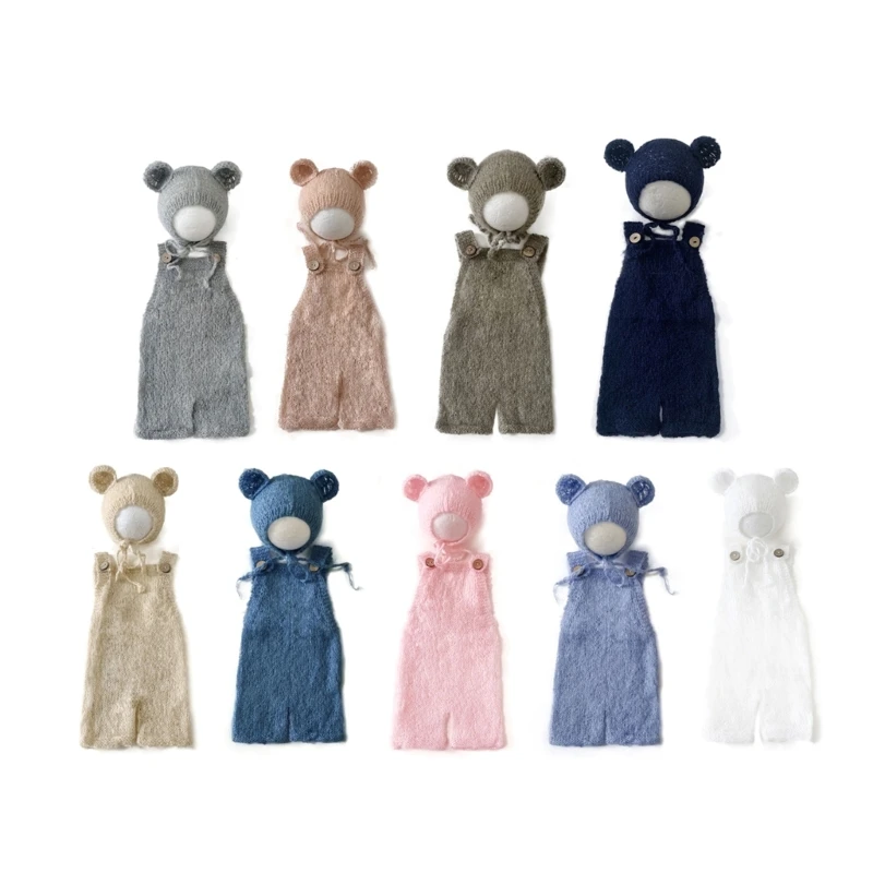 Lovely Newborn Photography Props Boys Girls Outfits Mohair Bear Hat Bonnet & Romper Bodysuit Photoshoot Costume Set