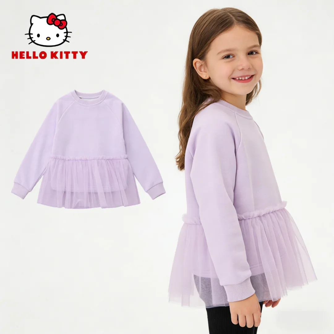 

Hello Kitty Kids Stylish Pullover Dress Girls Purple Trendy Patchwork Long-sleeved T-shirt Casual Crew-neck Pullover Puffy Hem