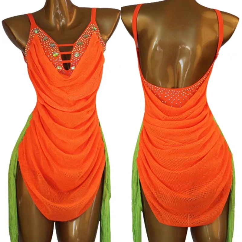 하이 엔드 느낌의 오렌지 라틴 댄스 드레스 원피스 서스펜더 라틴 댄스 공연 경쟁 드레스 댄스 드레스 Q434