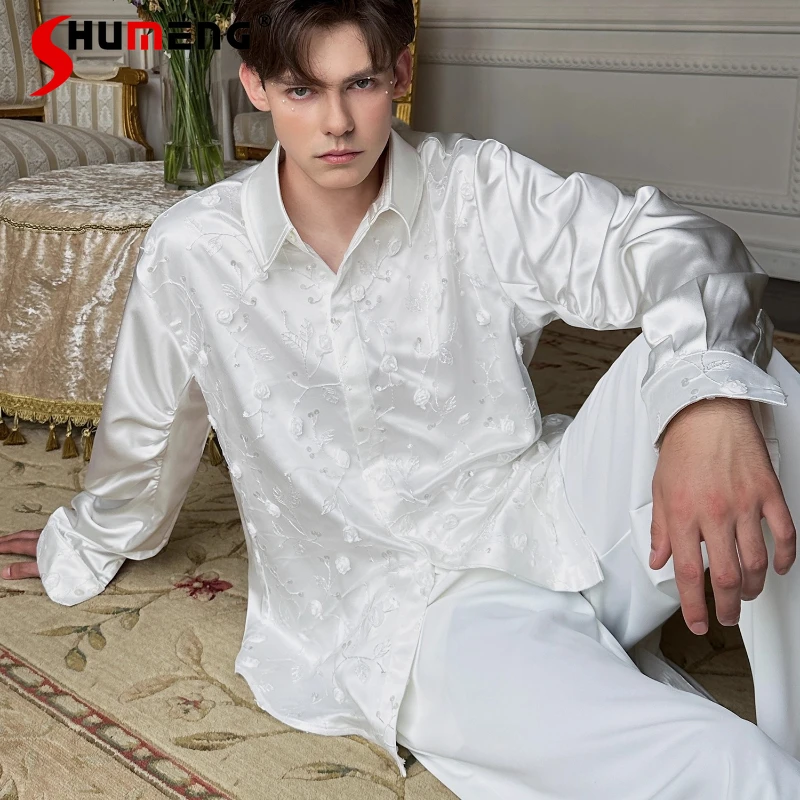 

2025 Autumn New High-End Tops Male Stand Collar Small Flower Design Long Sleeve Shirts Men's Trendy Fashion Light Luxury Shirts