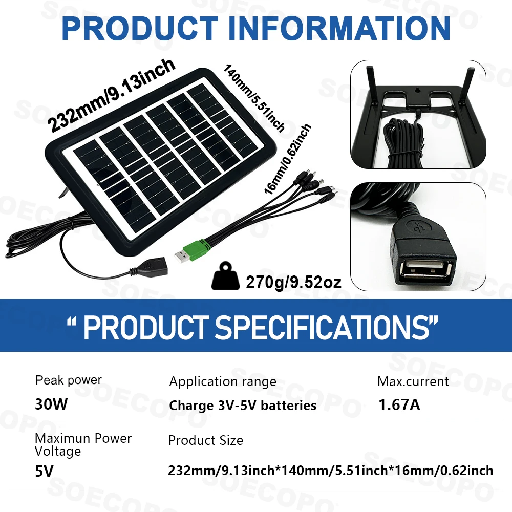 SOECOPO 30W Camping Portable Mon silicon Solar Panel 5V with 5 - in - 1 USB Cable, Support Bracket, Campers Outdoor Campers