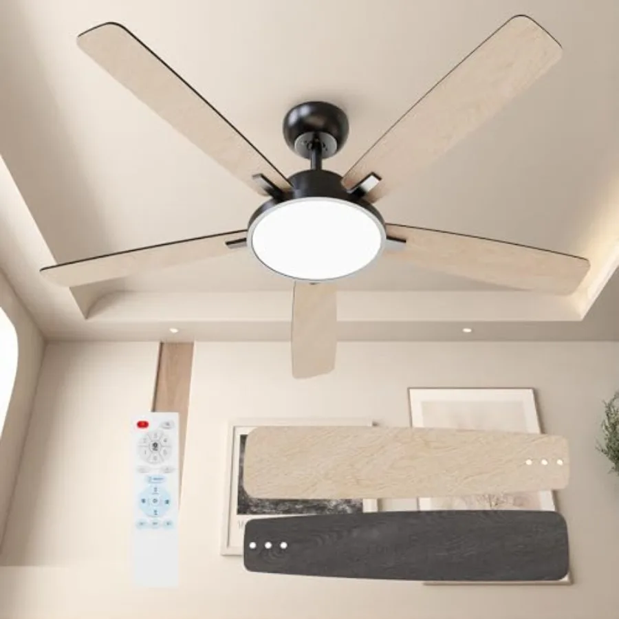 

52 Inch Black Walnut Ceiling Fans with Lights: LED Remote Control, Flush Mount Low Profile for Bedroom, Living, Dining Room, Ou