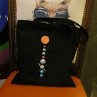 Minimalism Black Canvas Shoulder Bag with Solar System Planets Print Space Theme Tote Handbag for Women Casual Daily Use