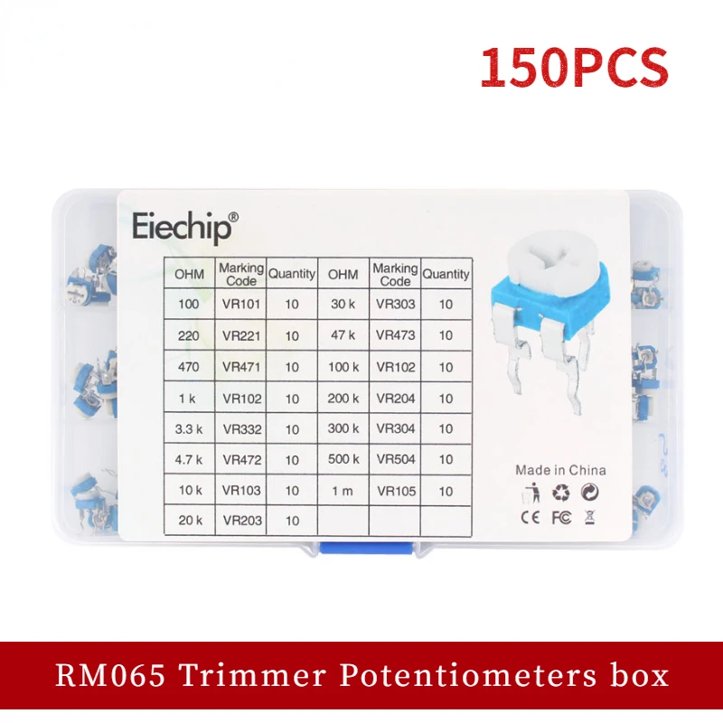 150PCS RM065 RM-065 Trimmer Potentiometers Variable Resistor 100/220/470/1K/3.3K/4.7K/10K/20K/30K/47K/100K/200K/300K/500K/1M Ohm