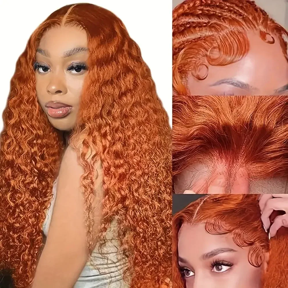 Pelucas delanteras de encaje 13 × 6 de onda profunda, peluca rizada de jengibre transparente de cabello humano prearrancada, peluca Frontal de encaje de 220 de densidad para mujer 350