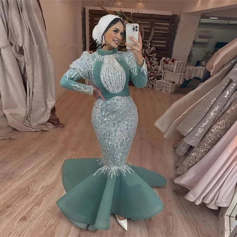 Gorgeous Evening Dress Beaded Sequin Mermaid Evening Dresses with Sleeves Organza Tulle Beading Formal Gowns Trumpet Traditional