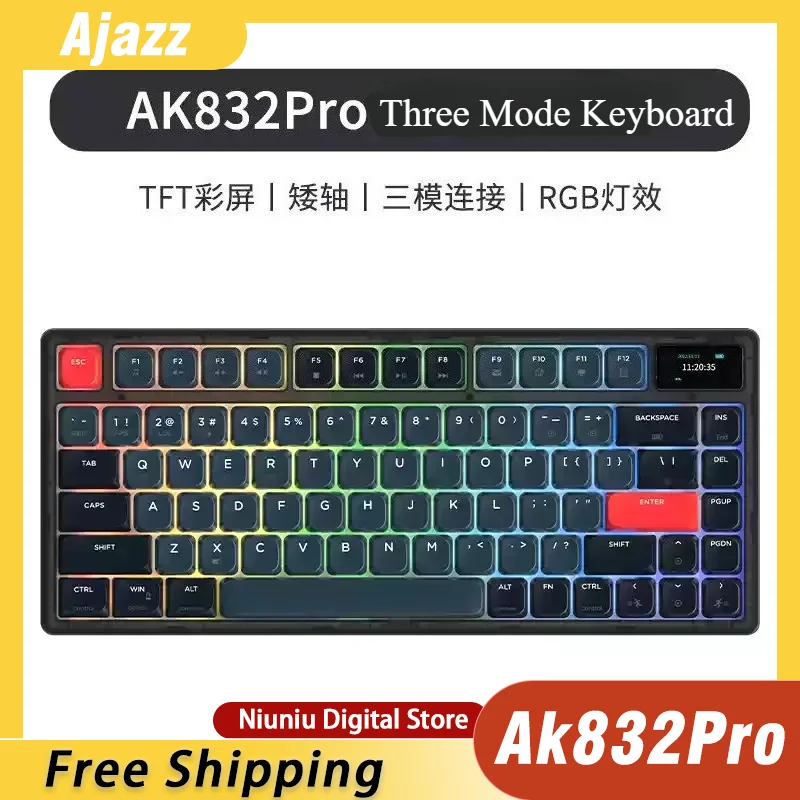 

НОВАЯ механическая клавиатура Ajazz Ak832pro с низкой осью RGB для геймеров, киберспортивный экран, трехрежимный беспроводной Bluetooth-планшетный ПК, офисный Mac