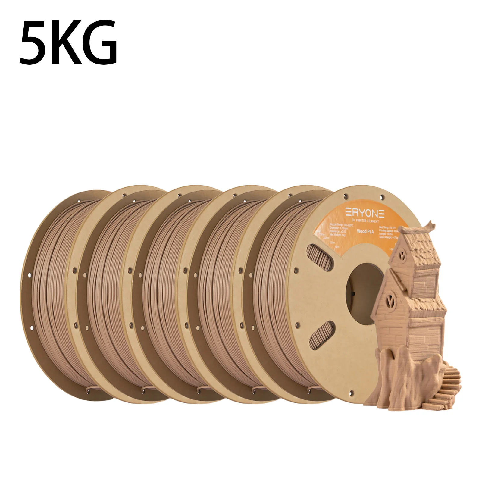 ERYONE 5KG Holz-PLA-Filament für 3D-Drucker, 1,75mm +/- 0,03mm, PLA-Filament 1KG Kartonspule (2,2LBS)