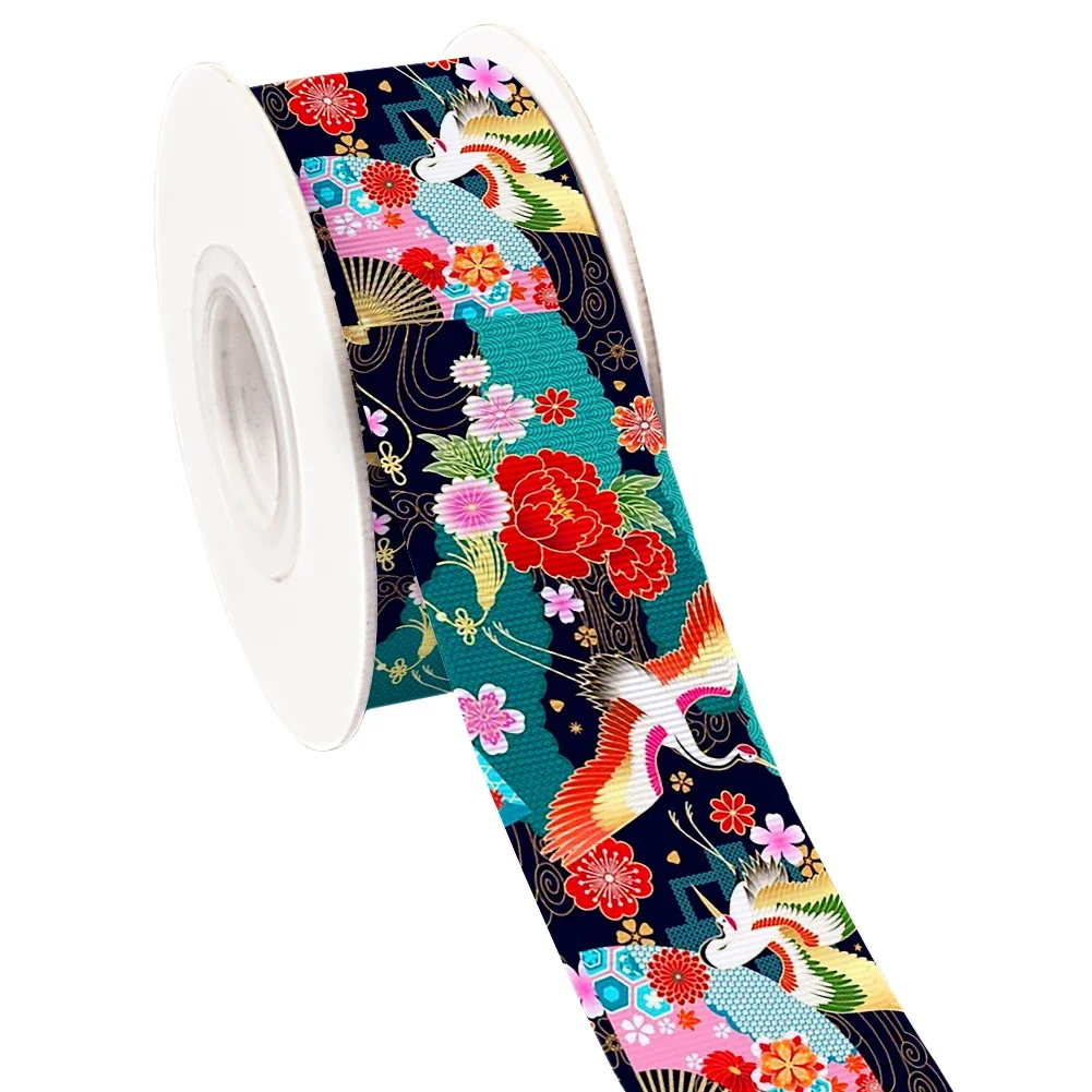 Japanese Hefeng Style Flowers Printed Grosgrain Satin Ribbon for Gift Wrapping Hair Bow Craft Accessory 50 Yards