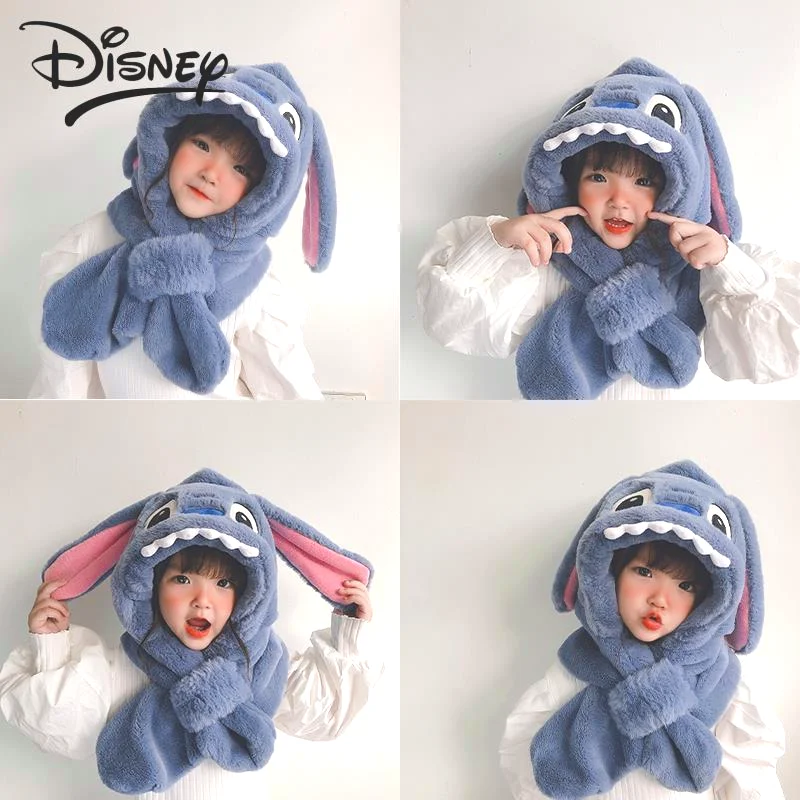 Disney Stitch Winter Child Hat Glove Set Kawaii Girl Plush Scarf Thicken Warm Baby Anime Cartoon Clothes Accessories Student