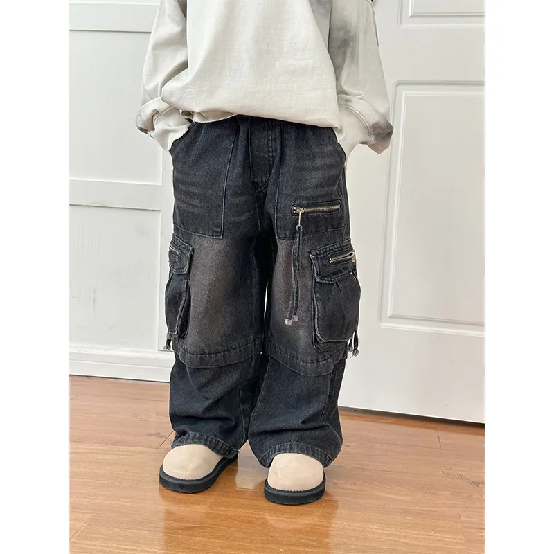 

Girls Trousers 2024 Autumn New Children Cargo Jeans Korean Version Handsome Boys and Girls Heavy Denim Pants Street Style