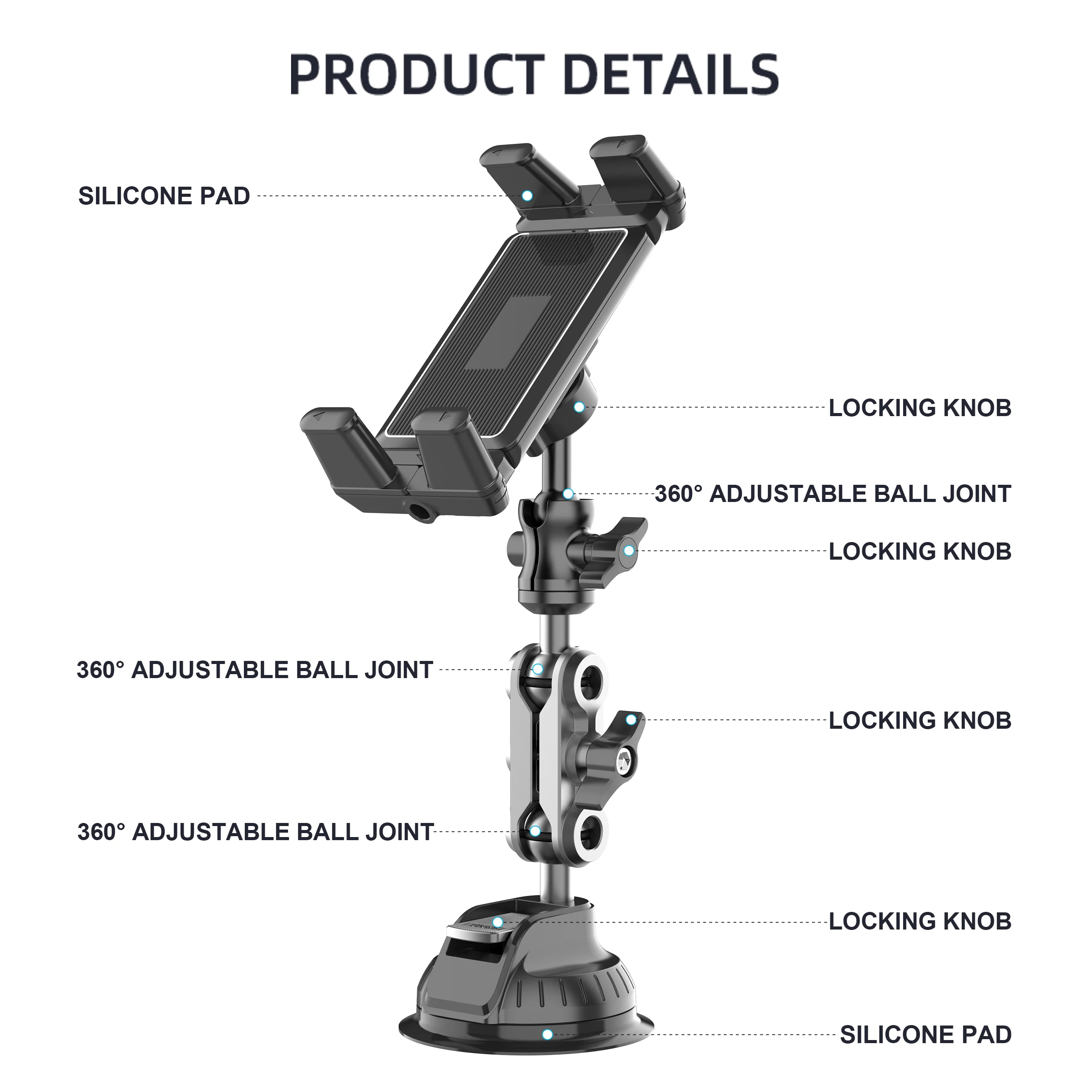 Universelle Autohalterung aus Aluminiumlegierung, verstellbarer Magic Arm für Videoaufnahmen und Vlog-Filmen, für 4"-15" Smartphones und Tablets – Detail 6