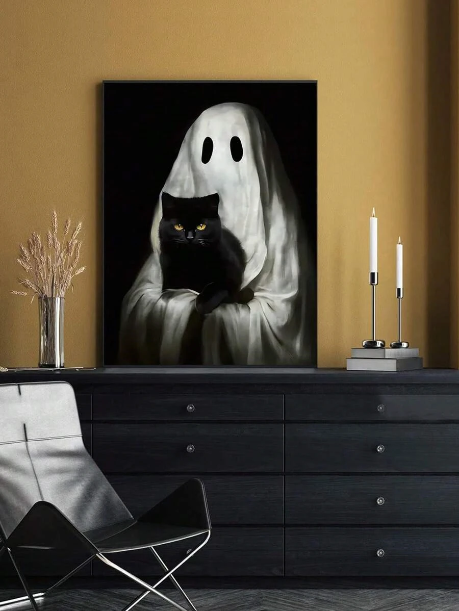 Retro Cute Ghost Companion & Reads Book Canvas Prints Monster Holds Black Cat Wall Art Poster for Living Room Halloween Decor